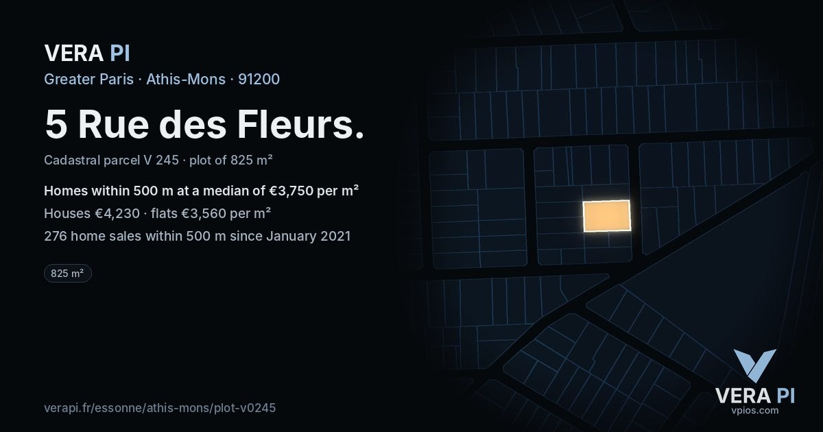 5 Rue des Fleurs, Athis-Mons at night – the plot lit, the parcels around coloured by the prices near them