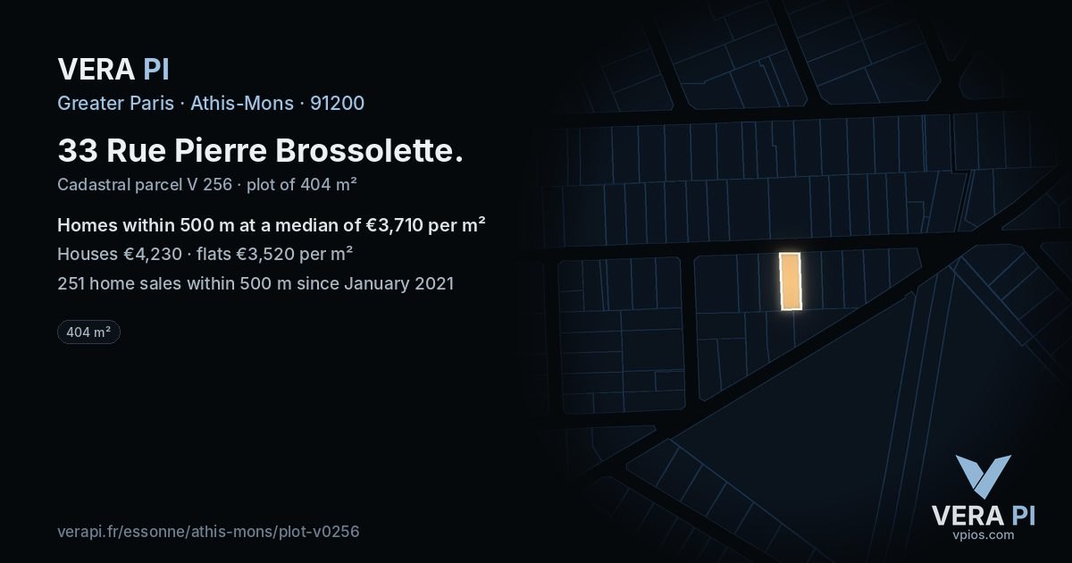 33 Rue Pierre Brossolette, Athis-Mons at night – the plot lit, the parcels around coloured by the prices near them
