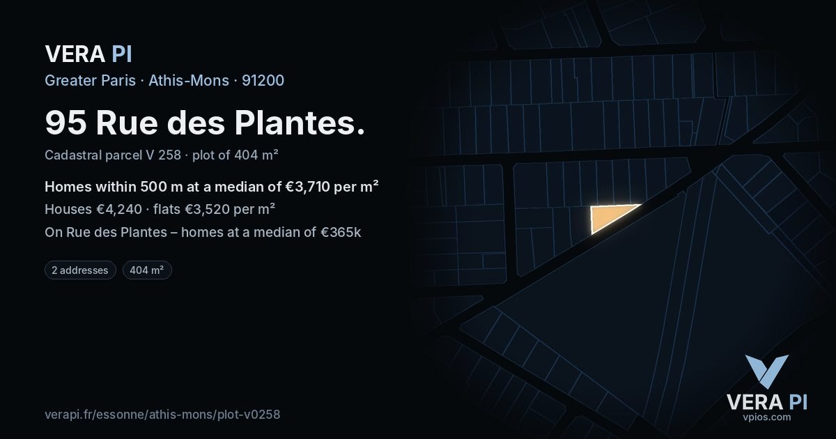 95 Rue des Plantes, Athis-Mons at night – the plot lit, the parcels around coloured by the prices near them