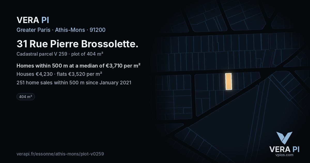 31 Rue Pierre Brossolette, Athis-Mons at night – the plot lit, the parcels around coloured by the prices near them