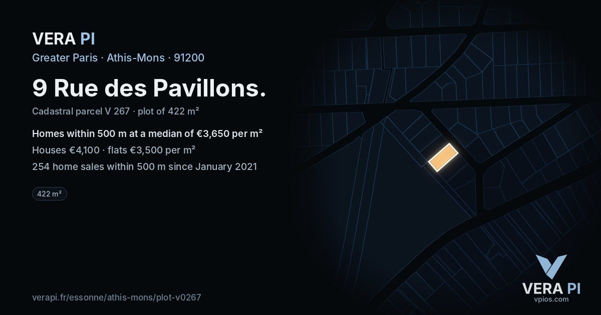 9 Rue des Pavillons, Athis-Mons at night – the plot lit, the parcels around coloured by the prices near them