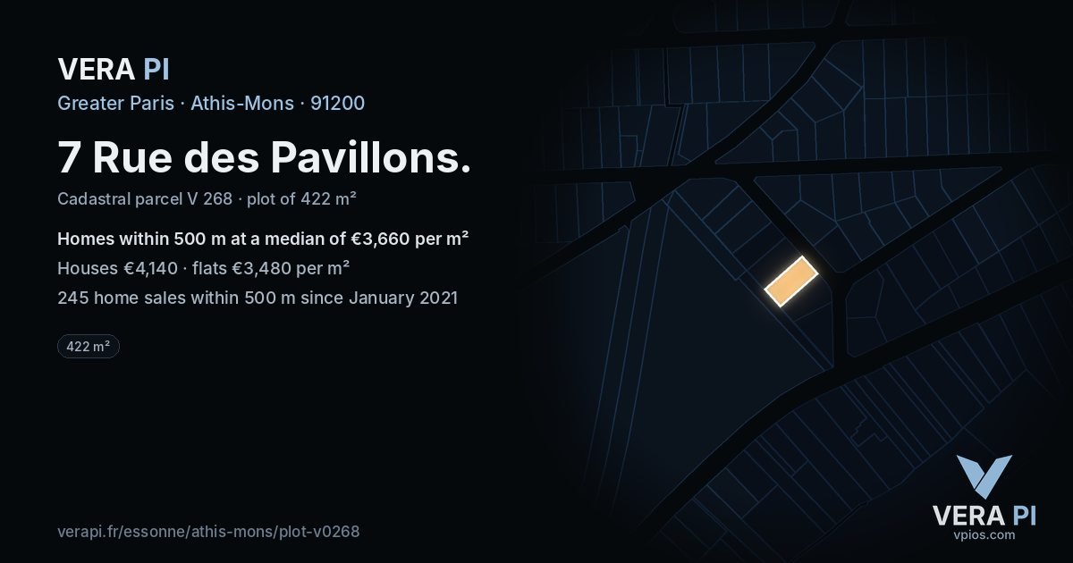 7 Rue des Pavillons, Athis-Mons at night – the plot lit, the parcels around coloured by the prices near them