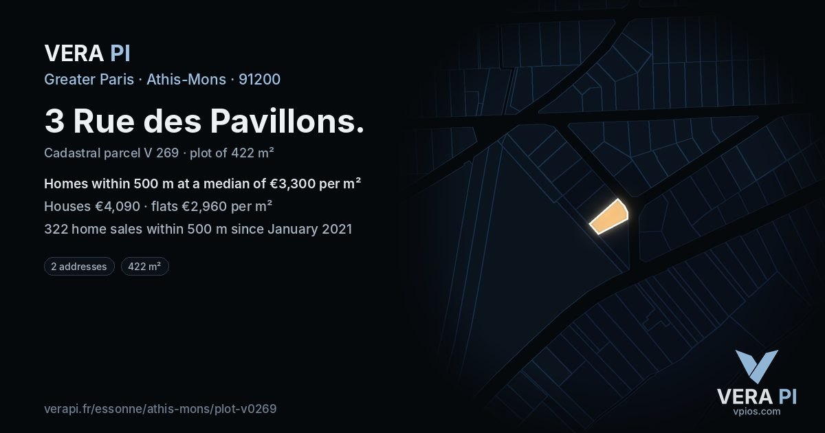3 Rue des Pavillons, Athis-Mons at night – the plot lit, the parcels around coloured by the prices near them