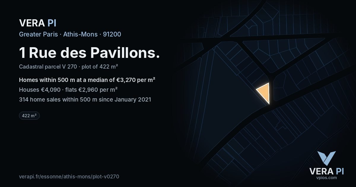 1 Rue des Pavillons, Athis-Mons at night – the plot lit, the parcels around coloured by the prices near them