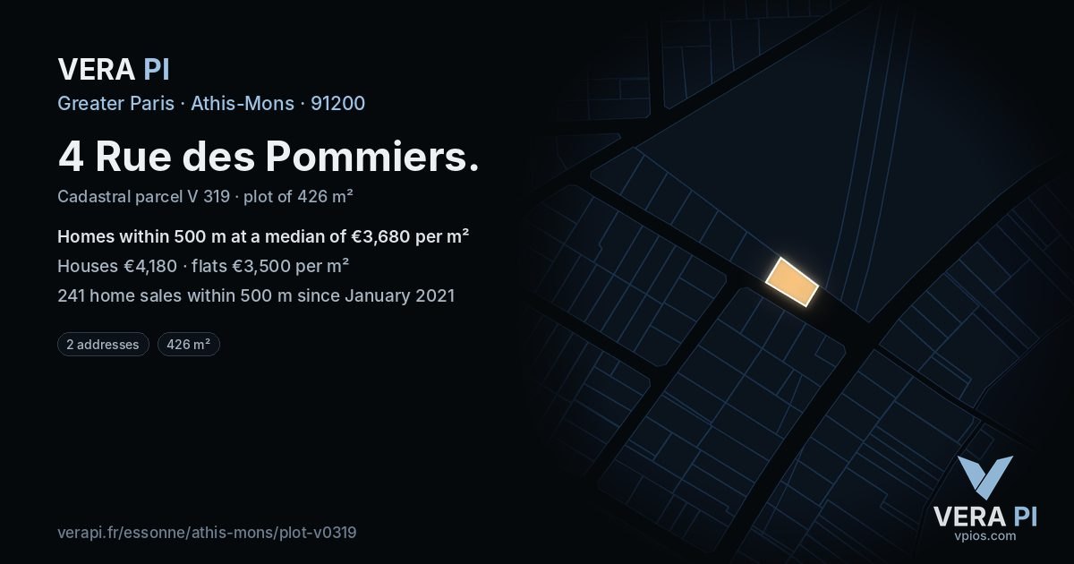 4 Rue des Pommiers, Athis-Mons at night – the plot lit, the parcels around coloured by the prices near them