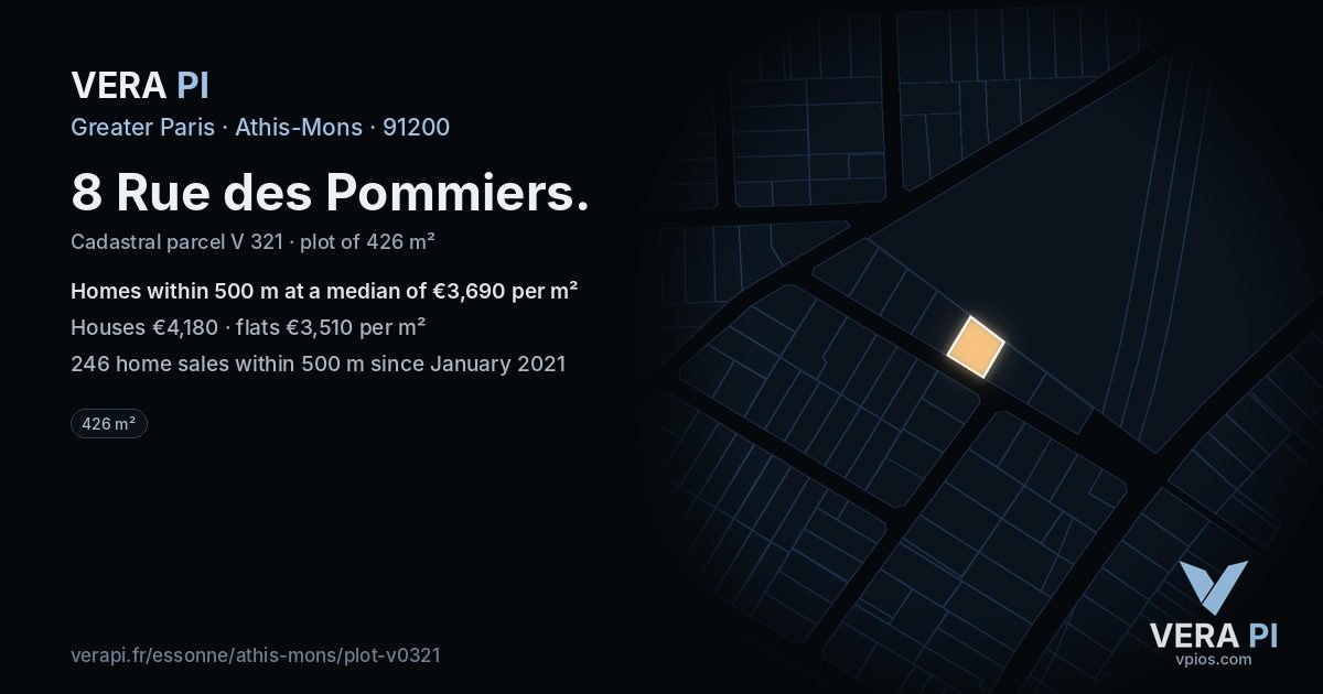8 Rue des Pommiers, Athis-Mons at night – the plot lit, the parcels around coloured by the prices near them