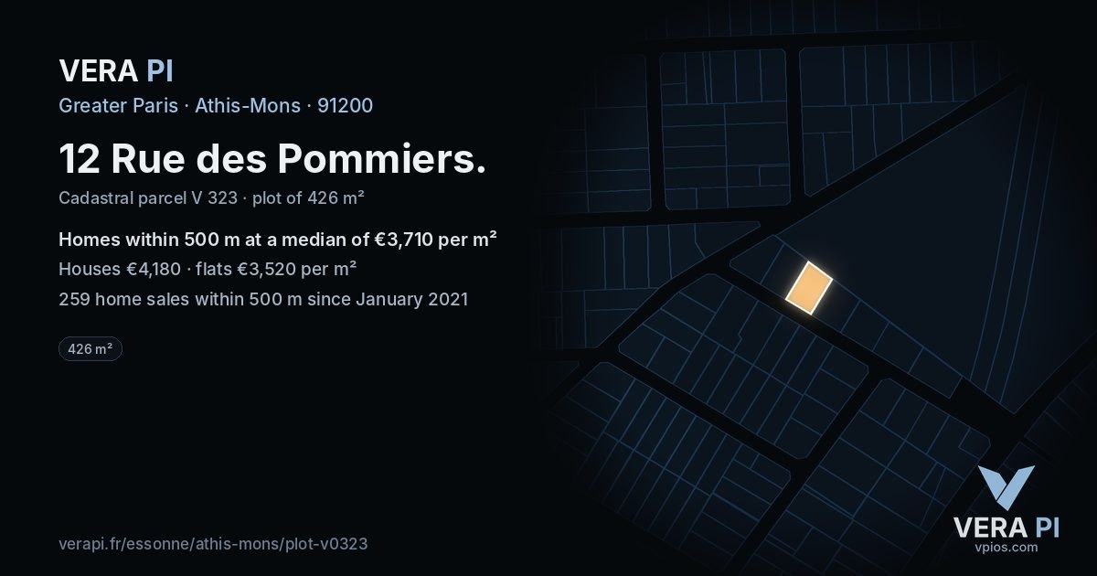 12 Rue des Pommiers, Athis-Mons at night – the plot lit, the parcels around coloured by the prices near them