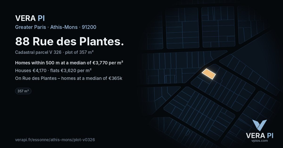 88 Rue des Plantes, Athis-Mons at night – the plot lit, the parcels around coloured by the prices near them