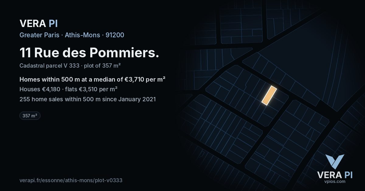 11 Rue des Pommiers, Athis-Mons at night – the plot lit, the parcels around coloured by the prices near them