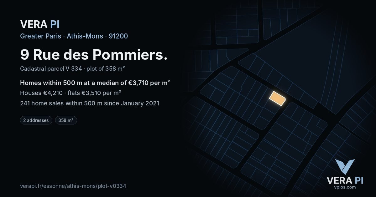 9 Rue des Pommiers, Athis-Mons at night – the plot lit, the parcels around coloured by the prices near them