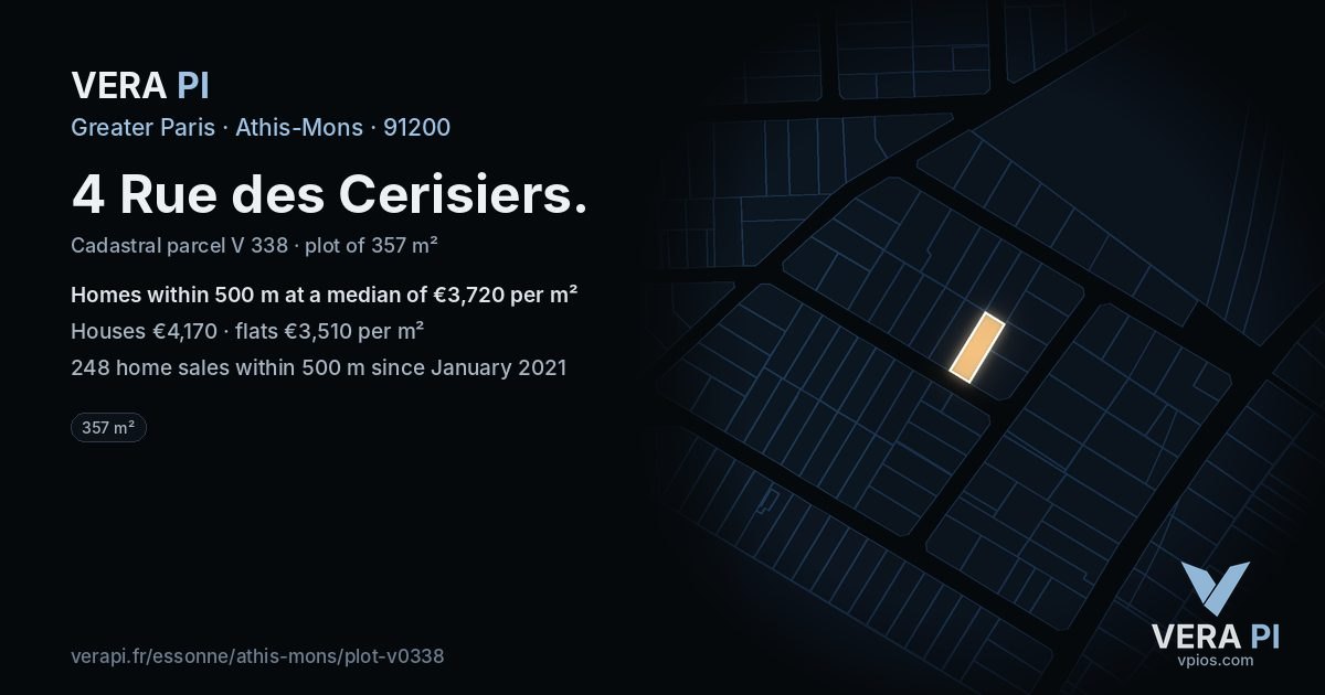 4 Rue des Cerisiers, Athis-Mons at night – the plot lit, the parcels around coloured by the prices near them