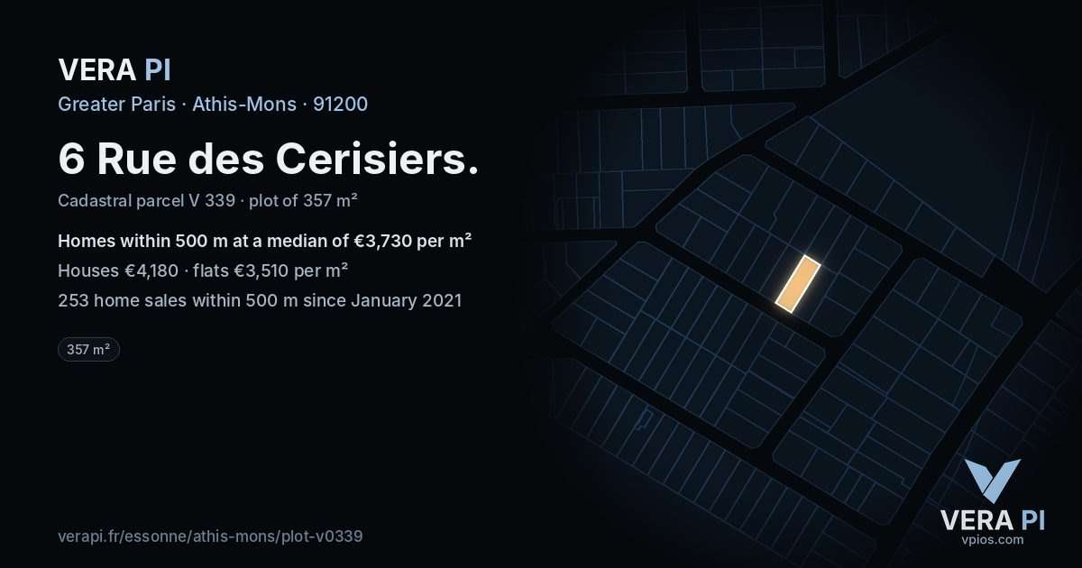 6 Rue des Cerisiers, Athis-Mons at night – the plot lit, the parcels around coloured by the prices near them