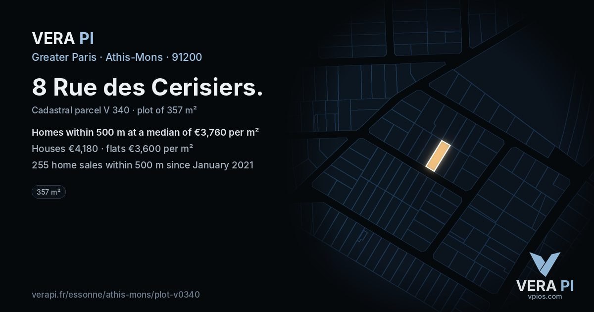 8 Rue des Cerisiers, Athis-Mons at night – the plot lit, the parcels around coloured by the prices near them