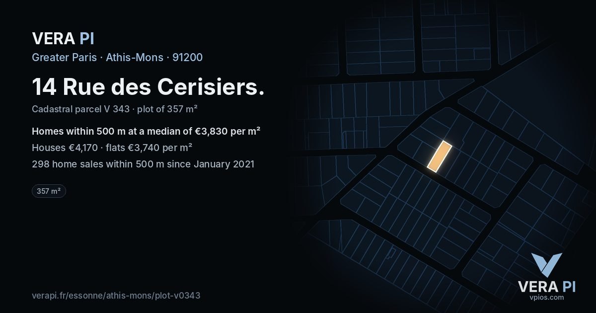 14 Rue des Cerisiers, Athis-Mons at night – the plot lit, the parcels around coloured by the prices near them