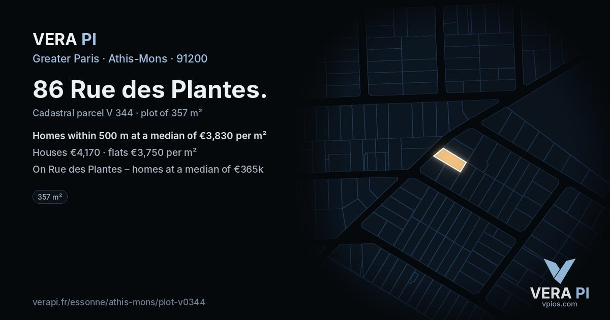 86 Rue des Plantes, Athis-Mons at night – the plot lit, the parcels around coloured by the prices near them