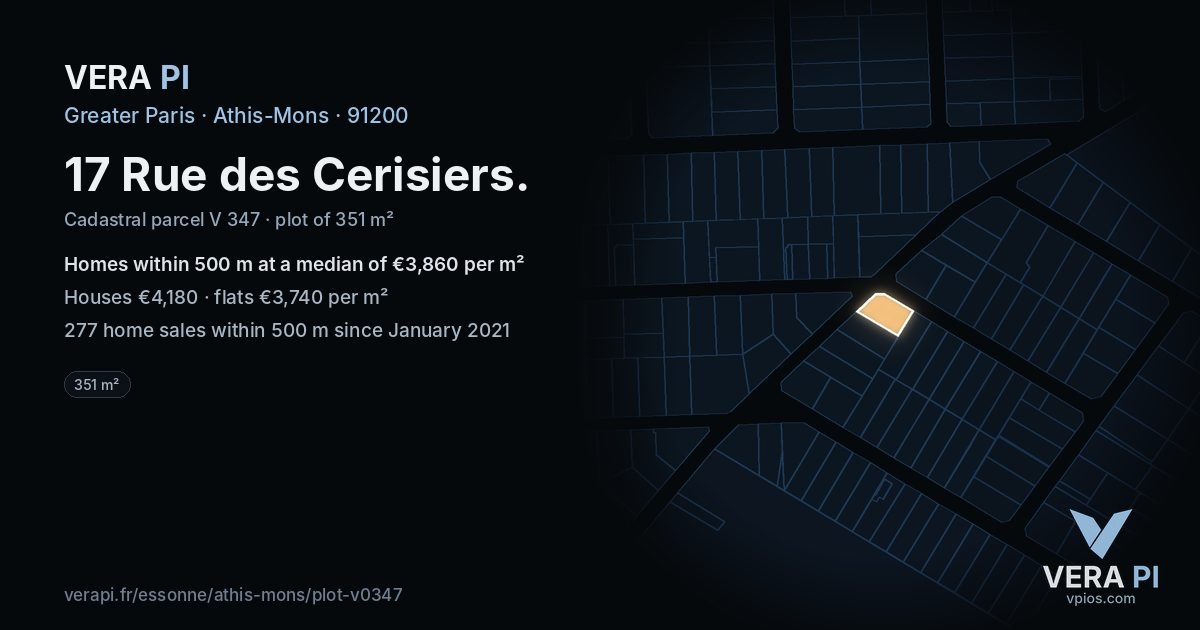 17 Rue des Cerisiers, Athis-Mons at night – the plot lit, the parcels around coloured by the prices near them