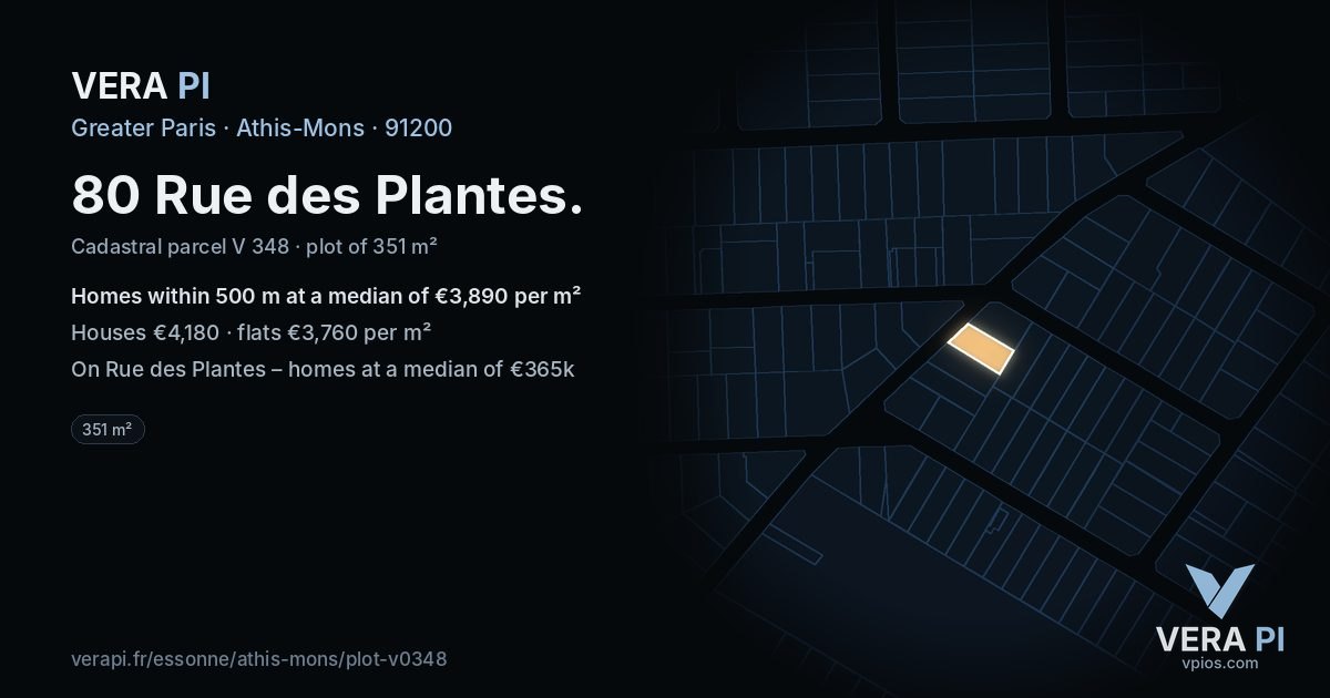 80 Rue des Plantes, Athis-Mons at night – the plot lit, the parcels around coloured by the prices near them