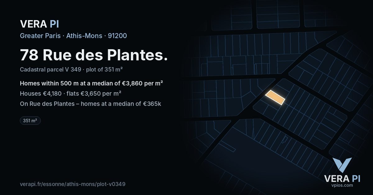 78 Rue des Plantes, Athis-Mons at night – the plot lit, the parcels around coloured by the prices near them