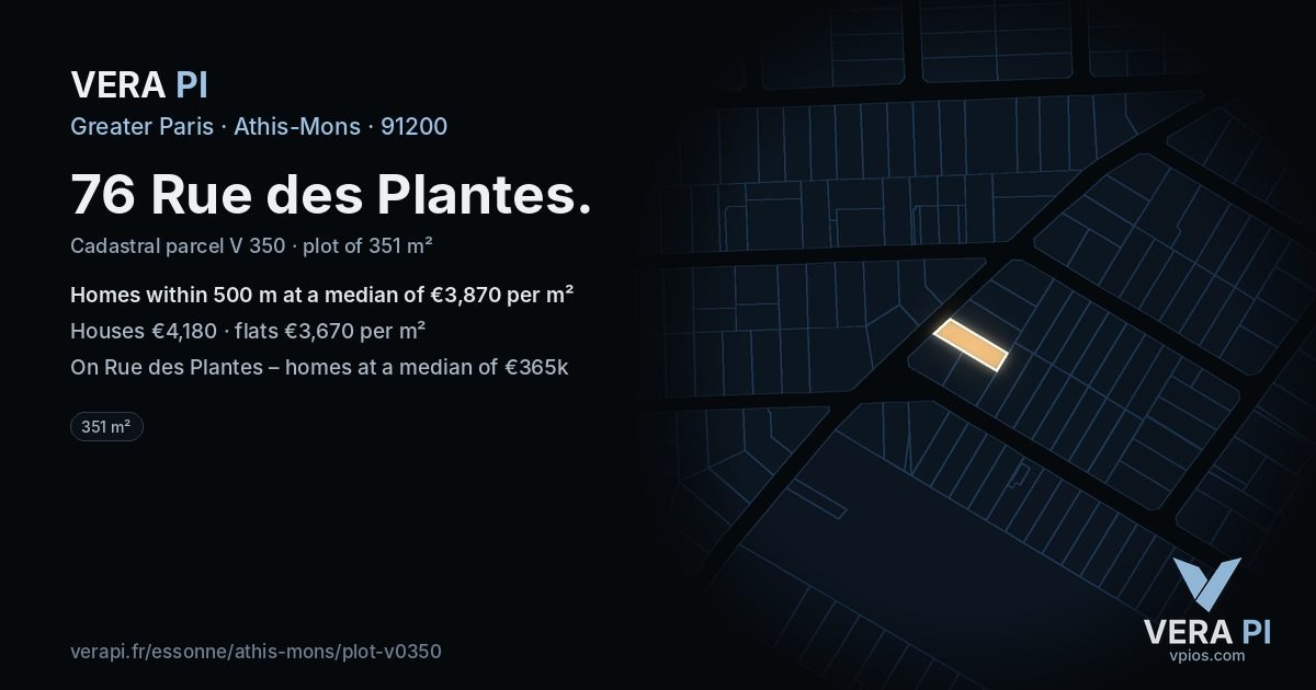 76 Rue des Plantes, Athis-Mons at night – the plot lit, the parcels around coloured by the prices near them