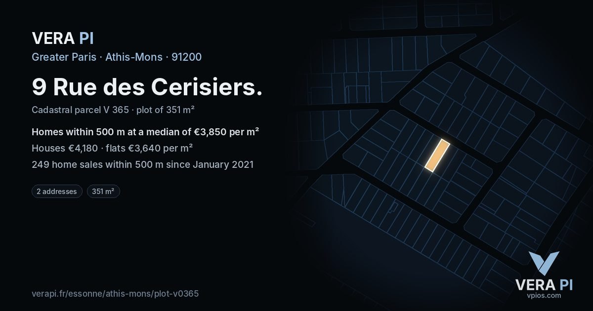 9 Rue des Cerisiers, Athis-Mons at night – the plot lit, the parcels around coloured by the prices near them