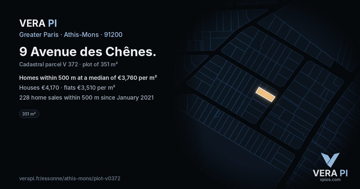 9 Avenue des Chênes, Athis-Mons at night – the plot lit, the parcels around coloured by the prices near them