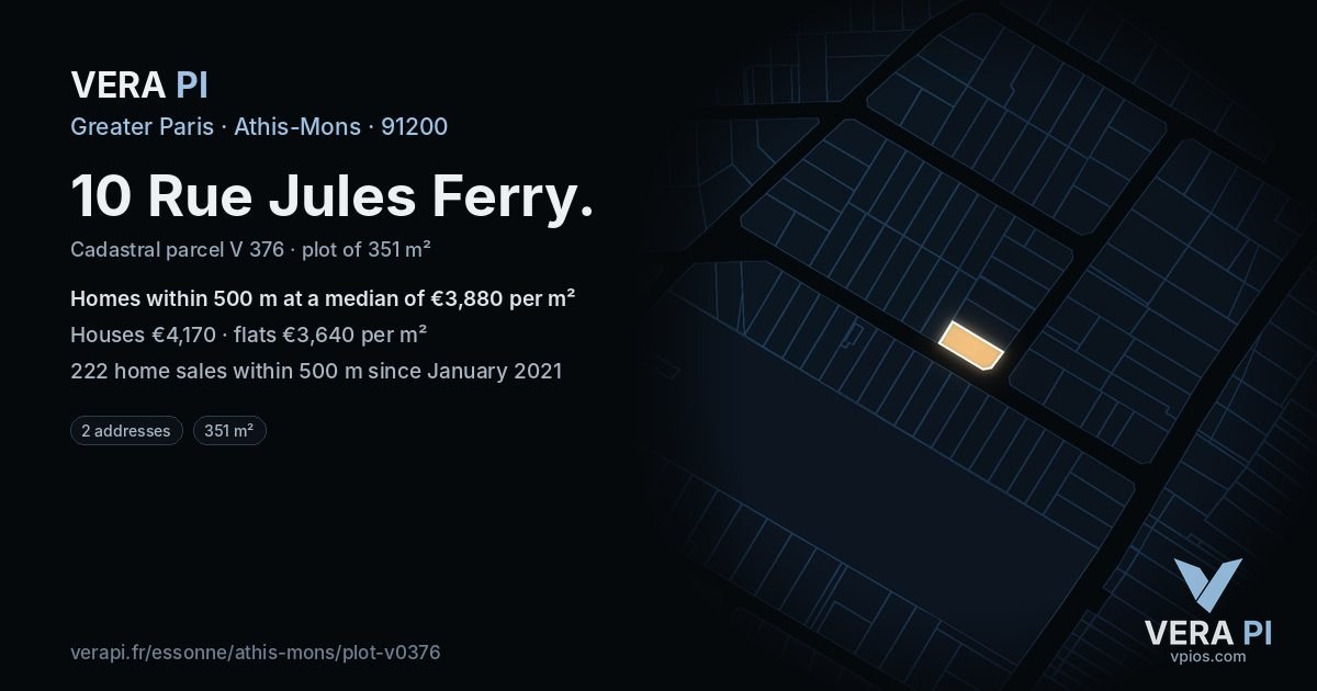 10 Rue Jules Ferry, Athis-Mons at night – the plot lit, the parcels around coloured by the prices near them