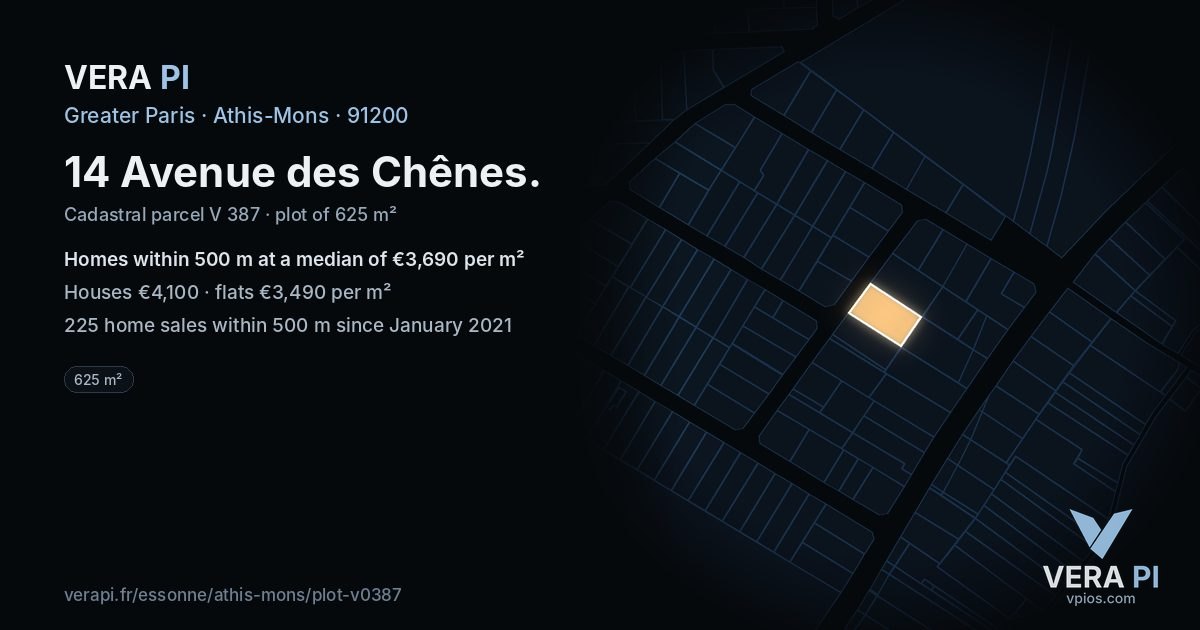 14 Avenue des Chênes, Athis-Mons at night – the plot lit, the parcels around coloured by the prices near them