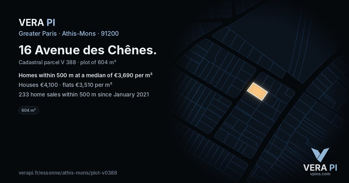 16 Avenue des Chênes, Athis-Mons at night – the plot lit, the parcels around coloured by the prices near them