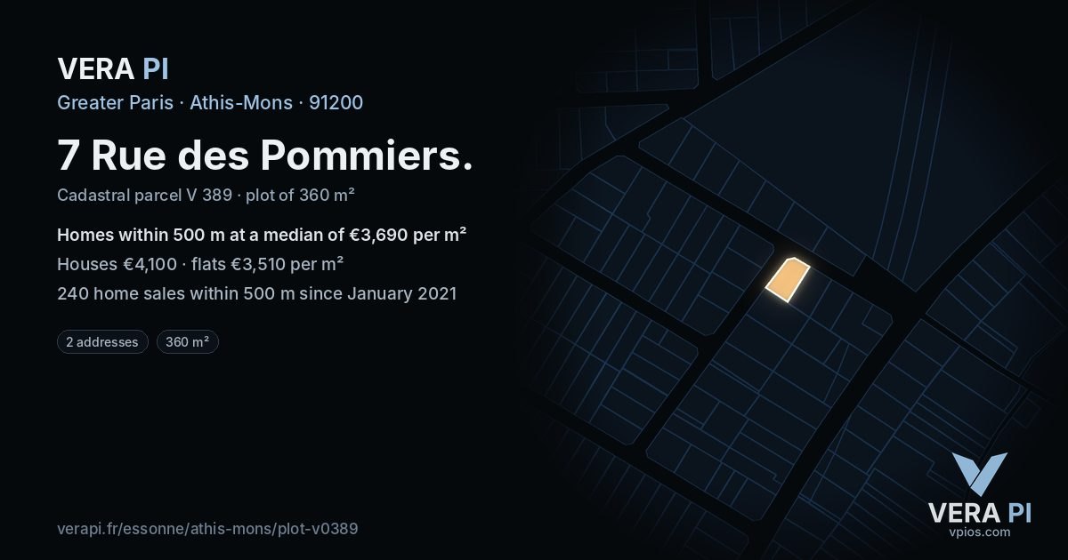 7 Rue des Pommiers, Athis-Mons at night – the plot lit, the parcels around coloured by the prices near them