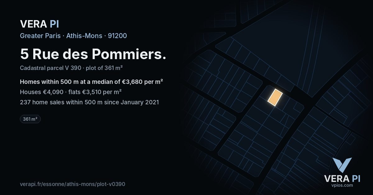 5 Rue des Pommiers, Athis-Mons at night – the plot lit, the parcels around coloured by the prices near them