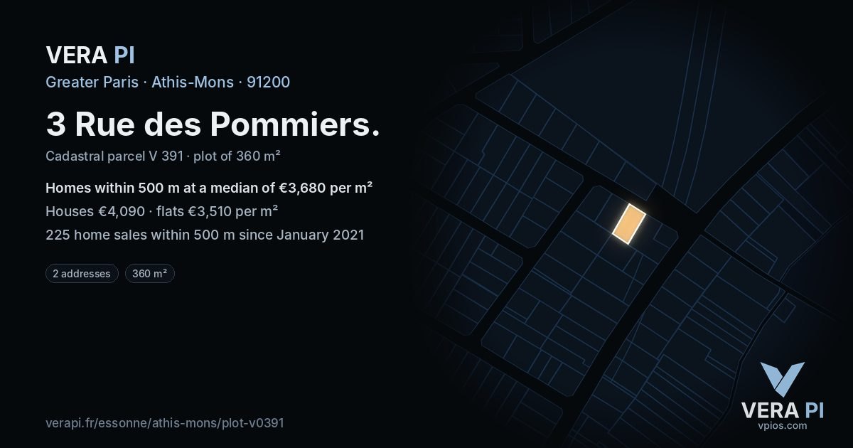 3 Rue des Pommiers, Athis-Mons at night – the plot lit, the parcels around coloured by the prices near them