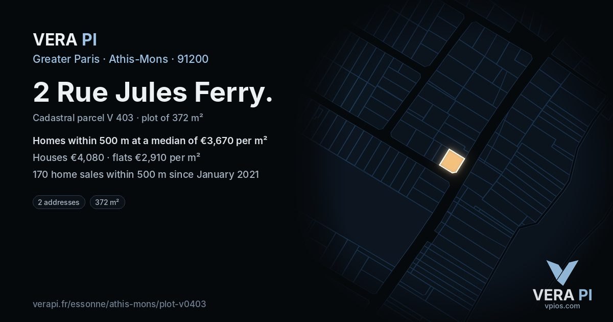 2 Rue Jules Ferry, Athis-Mons at night – the plot lit, the parcels around coloured by the prices near them