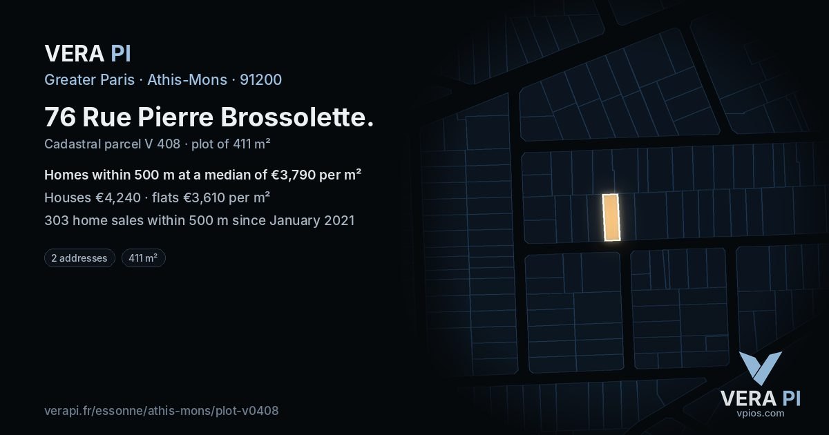 76 Rue Pierre Brossolette, Athis-Mons at night – the plot lit, the parcels around coloured by the prices near them