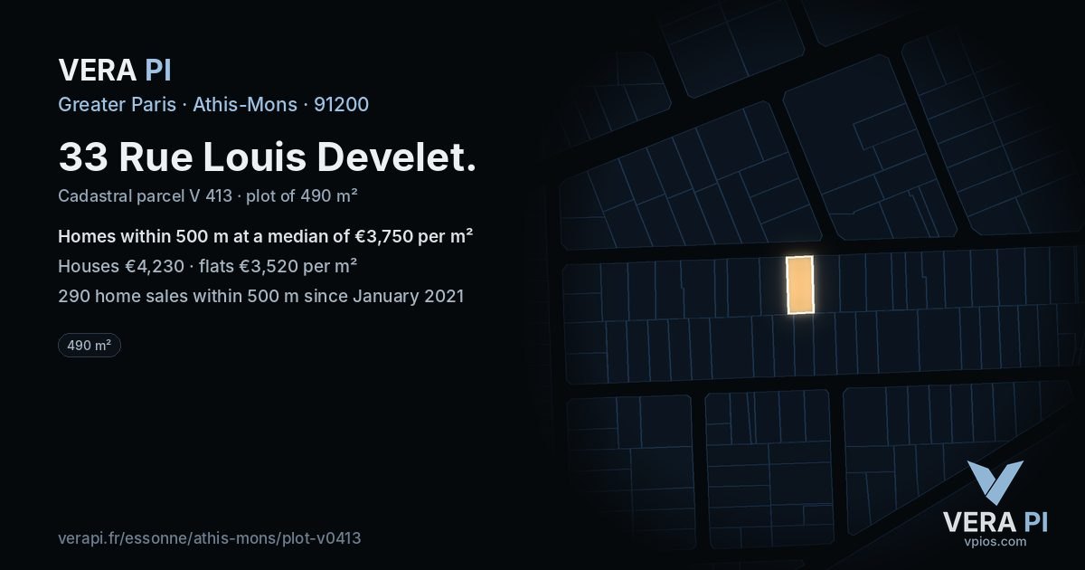 33 Rue Louis Develet, Athis-Mons at night – the plot lit, the parcels around coloured by the prices near them