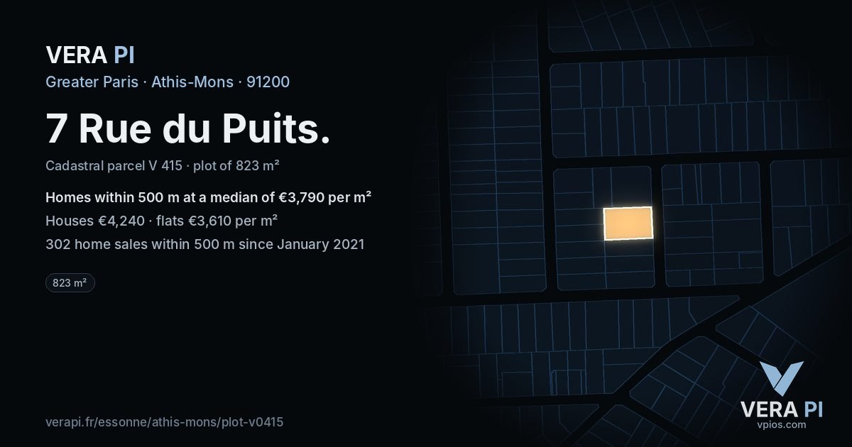 7 Rue du Puits, Athis-Mons at night – the plot lit, the parcels around coloured by the prices near them