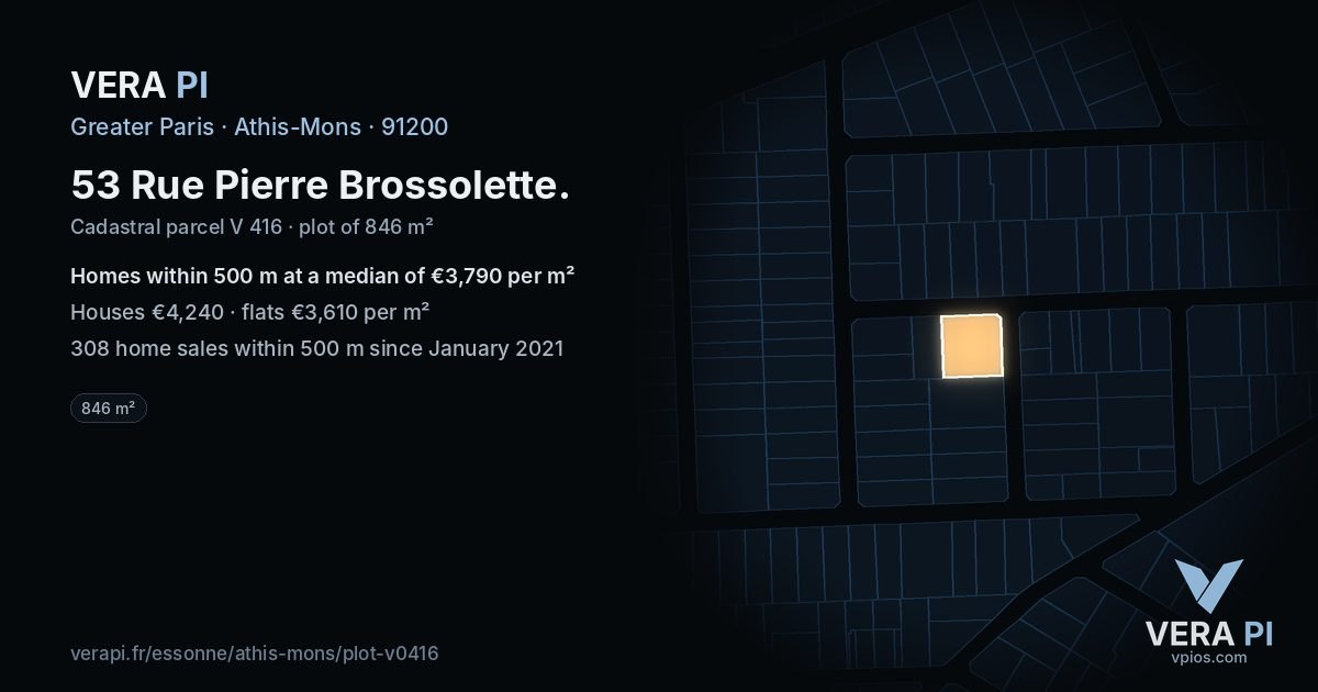 53 Rue Pierre Brossolette, Athis-Mons at night – the plot lit, the parcels around coloured by the prices near them