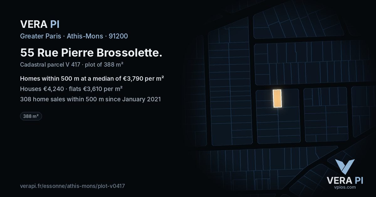 55 Rue Pierre Brossolette, Athis-Mons at night – the plot lit, the parcels around coloured by the prices near them
