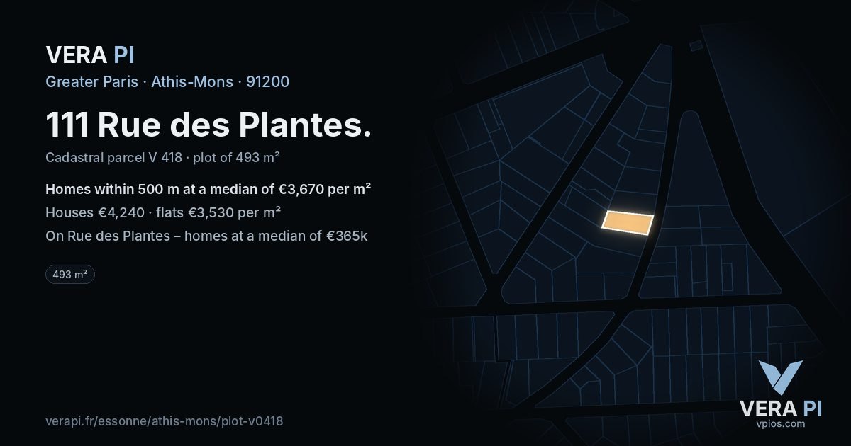 111 Rue des Plantes, Athis-Mons at night – the plot lit, the parcels around coloured by the prices near them