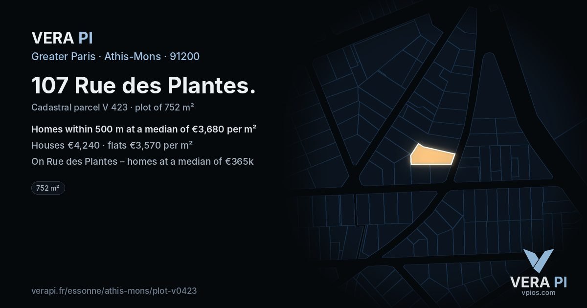 107 Rue des Plantes, Athis-Mons at night – the plot lit, the parcels around coloured by the prices near them