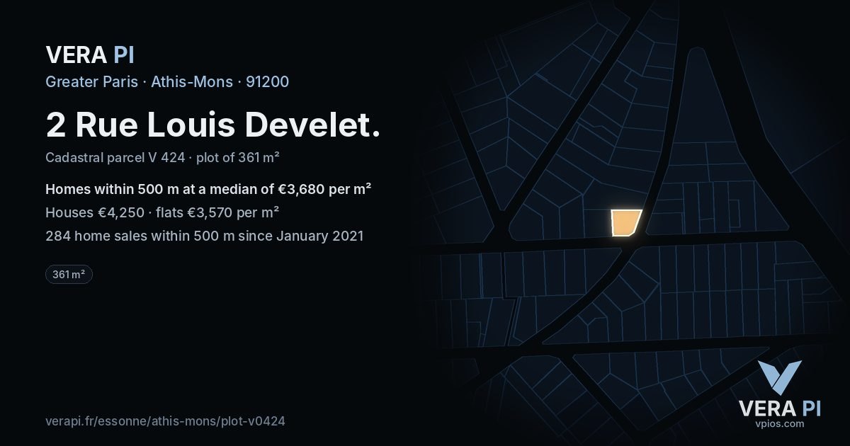 2 Rue Louis Develet, Athis-Mons at night – the plot lit, the parcels around coloured by the prices near them