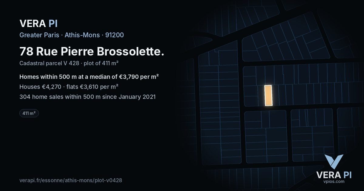 78 Rue Pierre Brossolette, Athis-Mons at night – the plot lit, the parcels around coloured by the prices near them