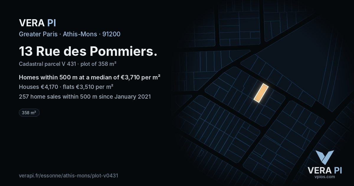 13 Rue des Pommiers, Athis-Mons at night – the plot lit, the parcels around coloured by the prices near them