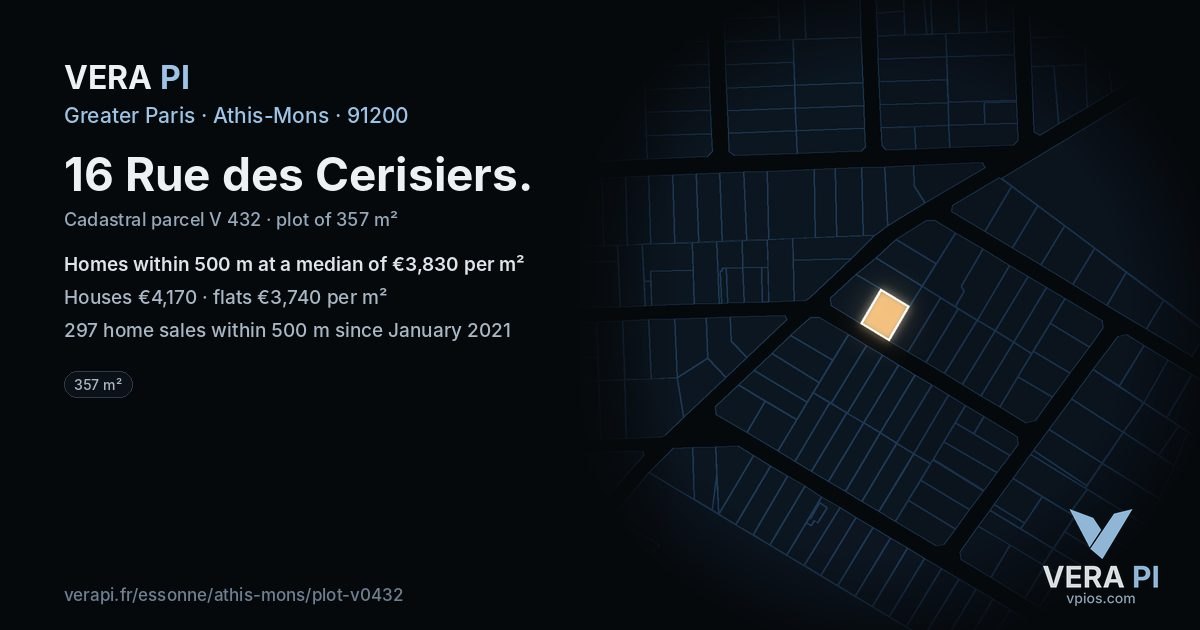 16 Rue des Cerisiers, Athis-Mons at night – the plot lit, the parcels around coloured by the prices near them