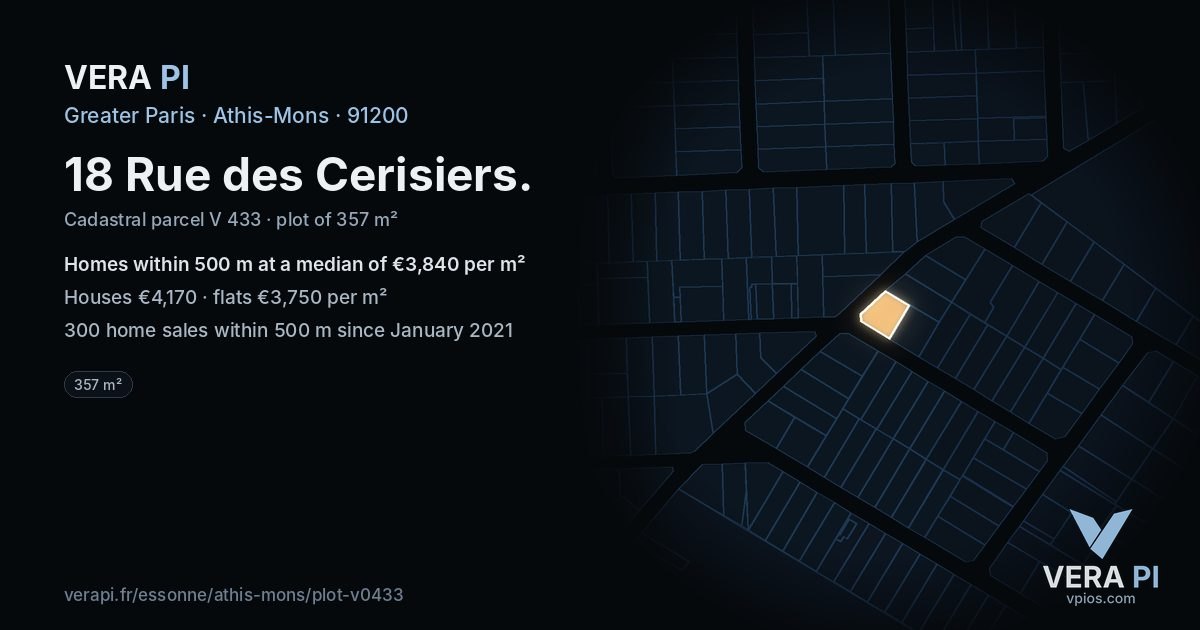 18 Rue des Cerisiers, Athis-Mons at night – the plot lit, the parcels around coloured by the prices near them