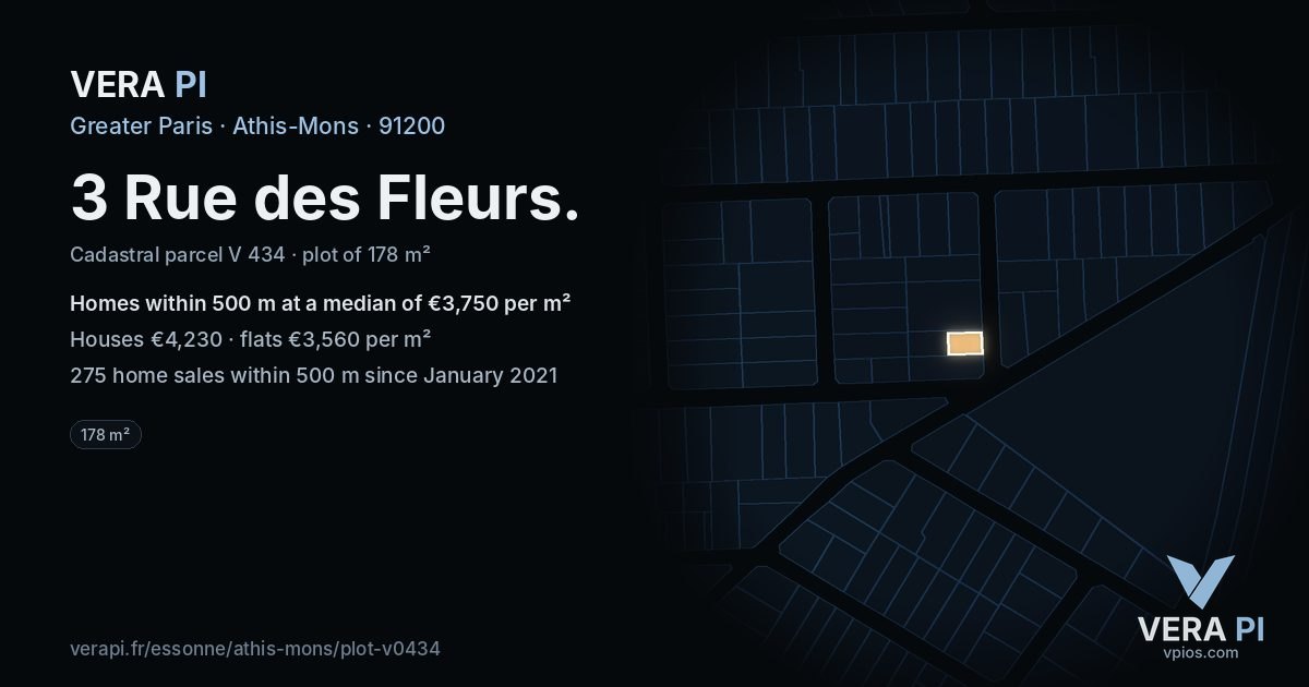 3 Rue des Fleurs, Athis-Mons at night – the plot lit, the parcels around coloured by the prices near them