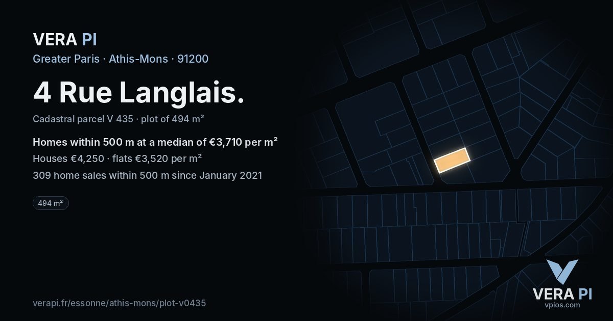 4 Rue Langlais, Athis-Mons at night – the plot lit, the parcels around coloured by the prices near them