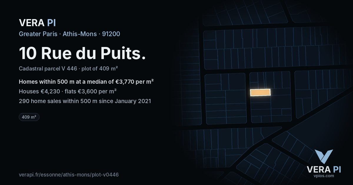 10 Rue du Puits, Athis-Mons at night – the plot lit, the parcels around coloured by the prices near them