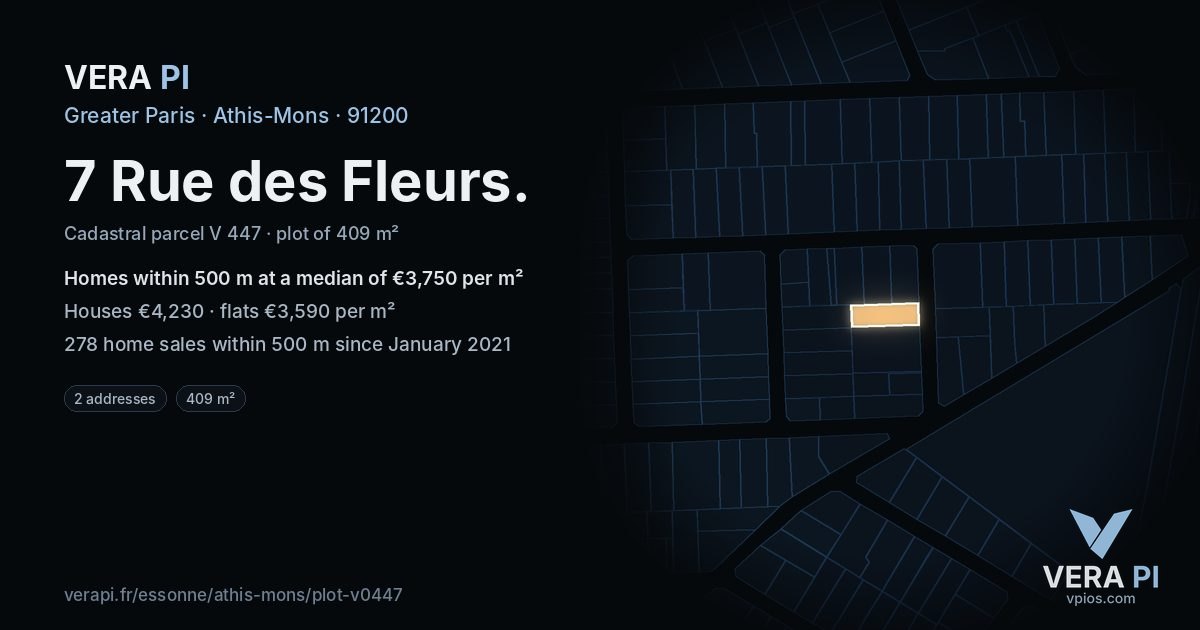 7 Rue des Fleurs, Athis-Mons at night – the plot lit, the parcels around coloured by the prices near them