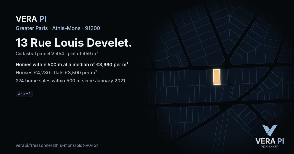 13 Rue Louis Develet, Athis-Mons at night – the plot lit, the parcels around coloured by the prices near them