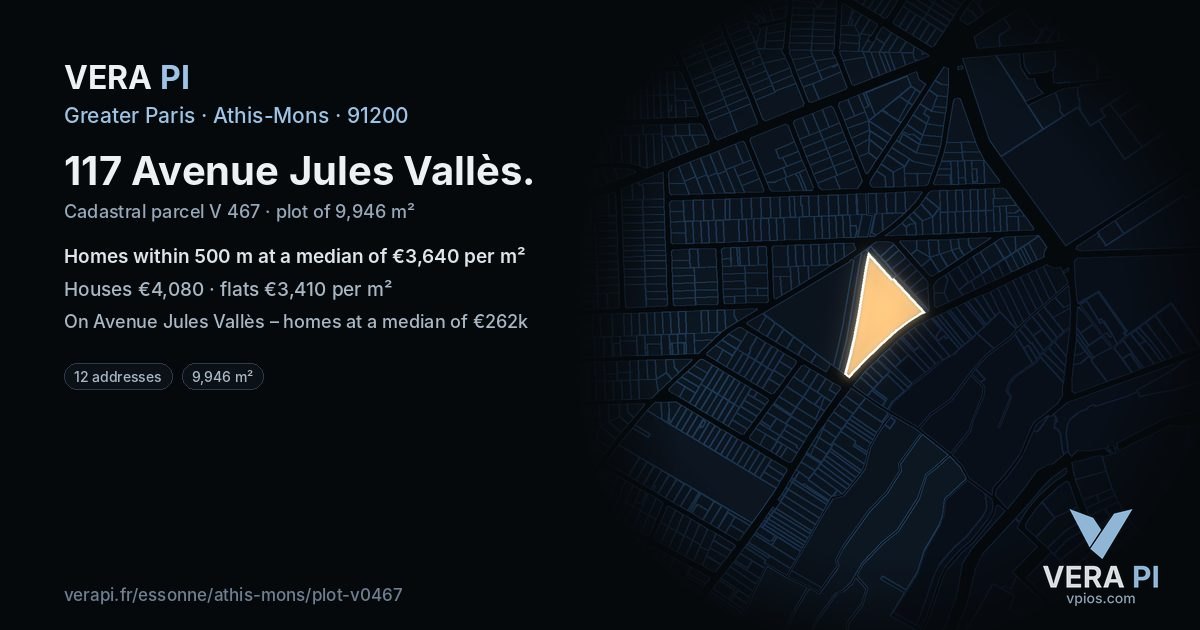 117 Avenue Jules Vallès, Athis-Mons at night – the plot lit, the parcels around coloured by the prices near them